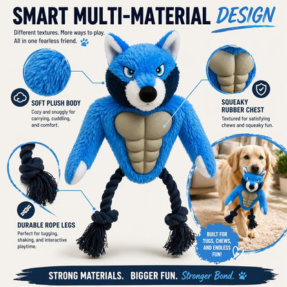 Wolf Dog Toy, Plush Body, Squeaky Rubber Chest & Rope Legs