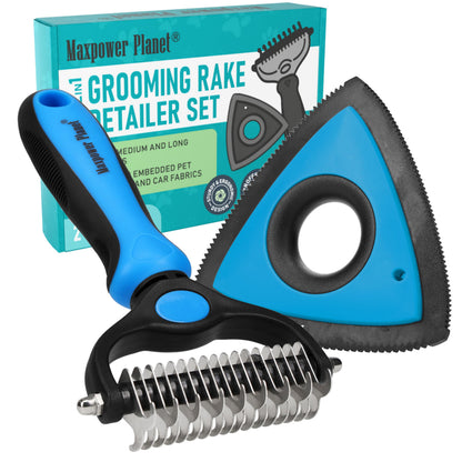 Maxpower Planet Pet Grooming Brush and 2X Grooming Gloves Combo - Double Sided Dematting, Deshedding Undercoat Rake for Dogs and Cats - Reduce Shedding Easily - Blue