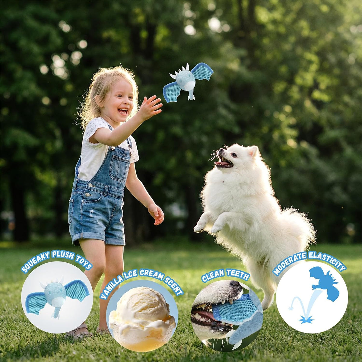 Interactive Dog Squeaky Toys, Indestructible Chew Toys Built-in Vanilla Ice Cream Flavored Ball, Puppy Plush Toys for Small Medium Chewers to Keep Them Busy - Blue Bat