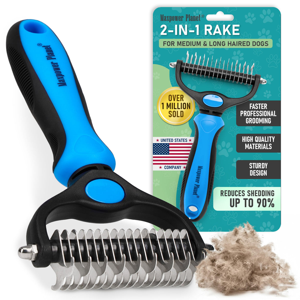 Maxpower Planet Pet Grooming Brush and 2X Grooming Gloves Combo - Double Sided Dematting, Deshedding Undercoat Rake for Dogs and Cats - Reduce Shedding Easily - Blue