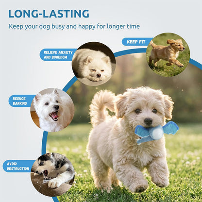 Interactive Dog Squeaky Toys, Indestructible Chew Toys Built-in Vanilla Ice Cream Flavored Ball, Puppy Plush Toys for Small Medium Chewers to Keep Them Busy - Blue Bat