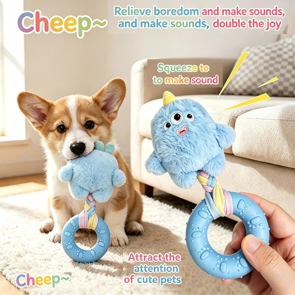 Halloween Toys, Plush Monster Dog Chew Toy with Teething Ring - Interactive Squeaky Toy for Puppies & Small Dogs