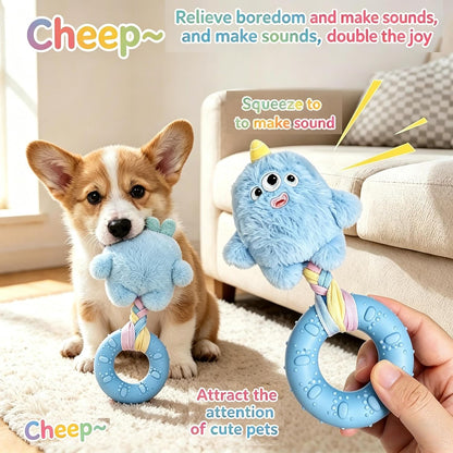 Halloween Toys, Plush Monster Dog Chew Toy with Teething Ring - Interactive Squeaky Toy for Puppies & Small Dogs