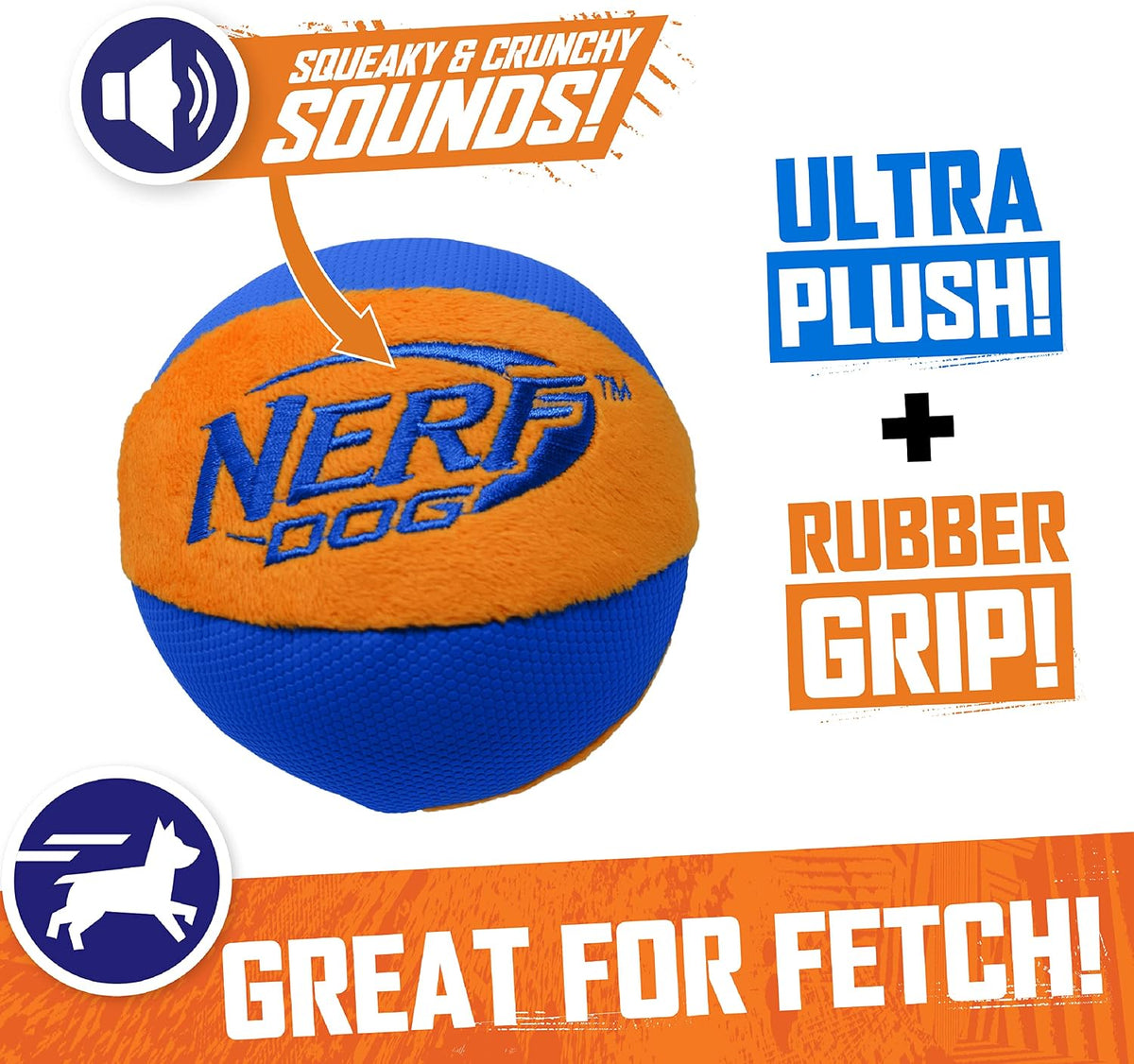 Nerf Dog Trackshot Ball Dog Toy with Interactive Squeaker and Crunch, Lightweight, Durable and Water Resistant, 4.5 Inches, For Medium/Large Breeds, Single Unit, Blue/Orange