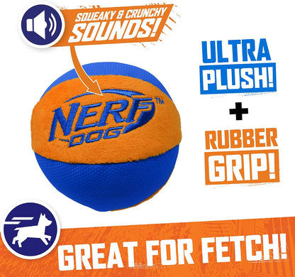 Nerf Dog Trackshot Ball Dog Toy with Interactive Squeaker and Crunch, Lightweight, Durable and Water Resistant, 4.5 Inches, For Medium/Large Breeds, Single Unit, Blue/Orange