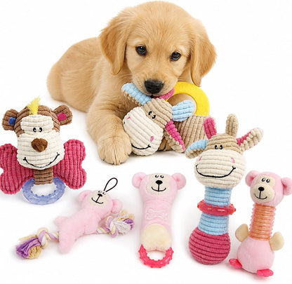 Pet Life Puppy Starter Kit - 6-Piece Plush Teething and Crinkle Toys, Pink