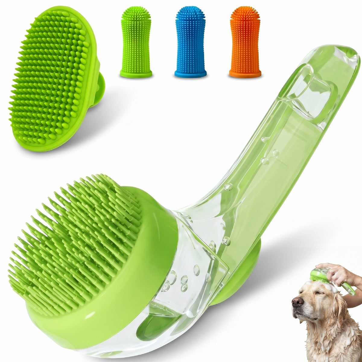 5PC pet grooming bath brush set - silicone massage brush with shampoo dispenser - suitable for dogs and cats for bathing, removing loose hair, and oral cleaning (green)