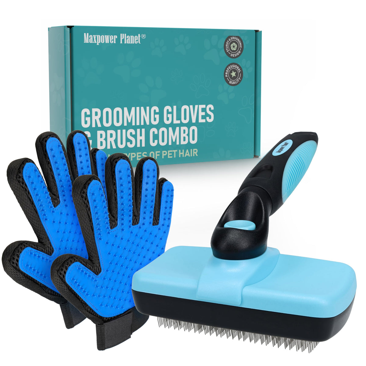 Maxpower Planet Pet Grooming Brush and 2X Grooming Gloves Combo - Double Sided Dematting, Deshedding Undercoat Rake for Dogs and Cats - Reduce Shedding Easily - Blue