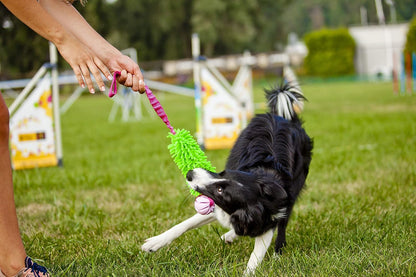 Dingo Dog tug Toy and TPR Rubber Ball Bungee Handle, Microfiber Green 20 in