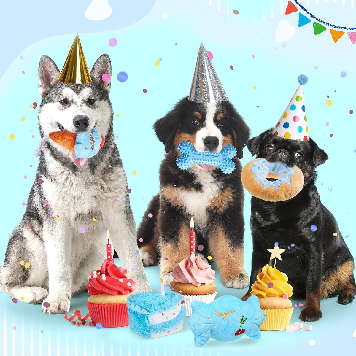 Blosssound 5 Pack Dog Birthday Gift Set Puppy Squeaky Dogs Birthday Gifts Puppy Stuffed Chew Items Cute Cake Candy Donut Ice Cream Bone Shape for Small Medium Large Breed Pet Supplies(Blue)