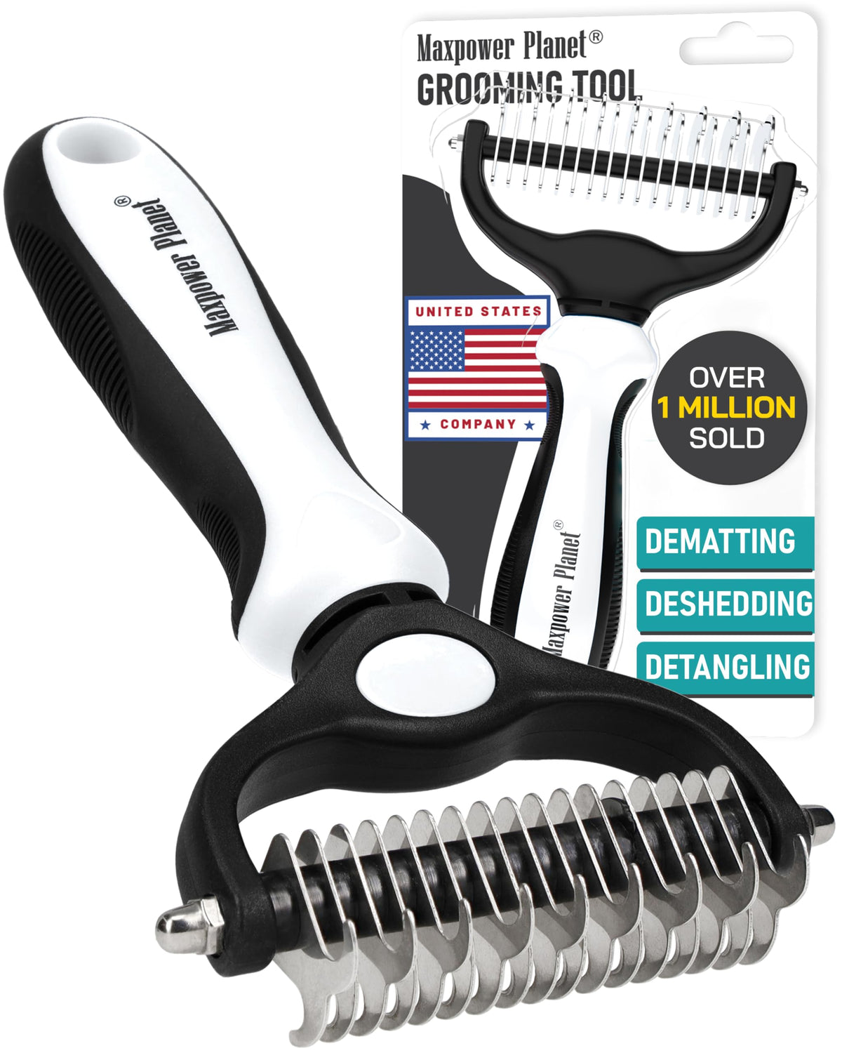 Maxpower Planet Pet Grooming Brush and 2X Grooming Gloves Combo - Double Sided Dematting, Deshedding Undercoat Rake for Dogs and Cats - Reduce Shedding Easily - Blue