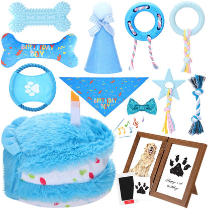 Gemscream 14 Pcs Dog Birthday Toy Gifts Dog Birthday Cake Puppy Interactive Squeak Toys Decorations for Small and Medium Dogs Supplies(Blue)