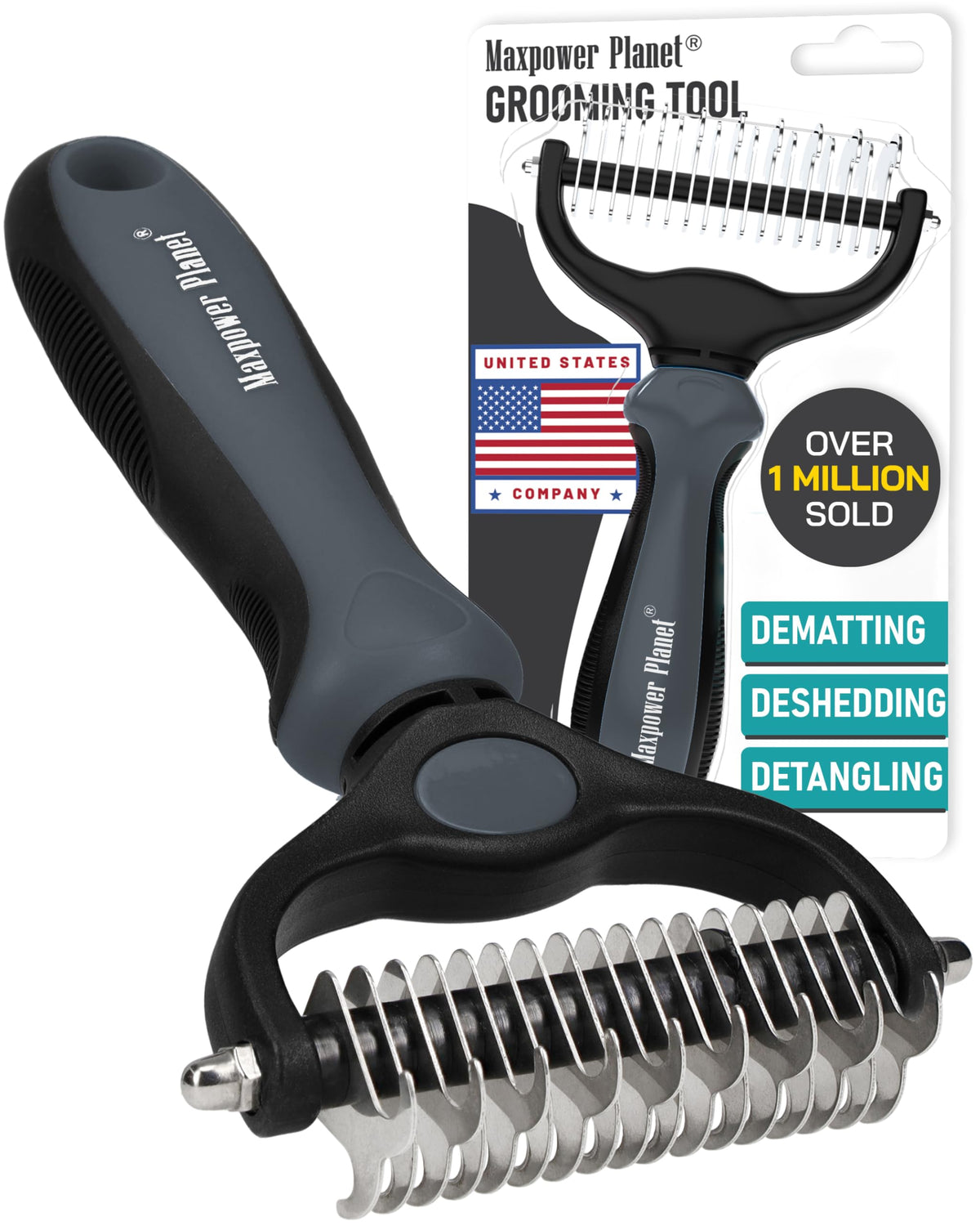 Maxpower Planet Hair Brush - Double Sided Shedding, Dematting Undercoat Rake for Dogs and Cats, Extra Wide Dog Grooming Brush, Reduce Shedding by 95%, Black