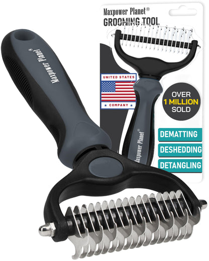Maxpower Planet Pet Grooming Brush and 2X Grooming Gloves Combo - Double Sided Dematting, Deshedding Undercoat Rake for Dogs and Cats - Reduce Shedding Easily - Blue