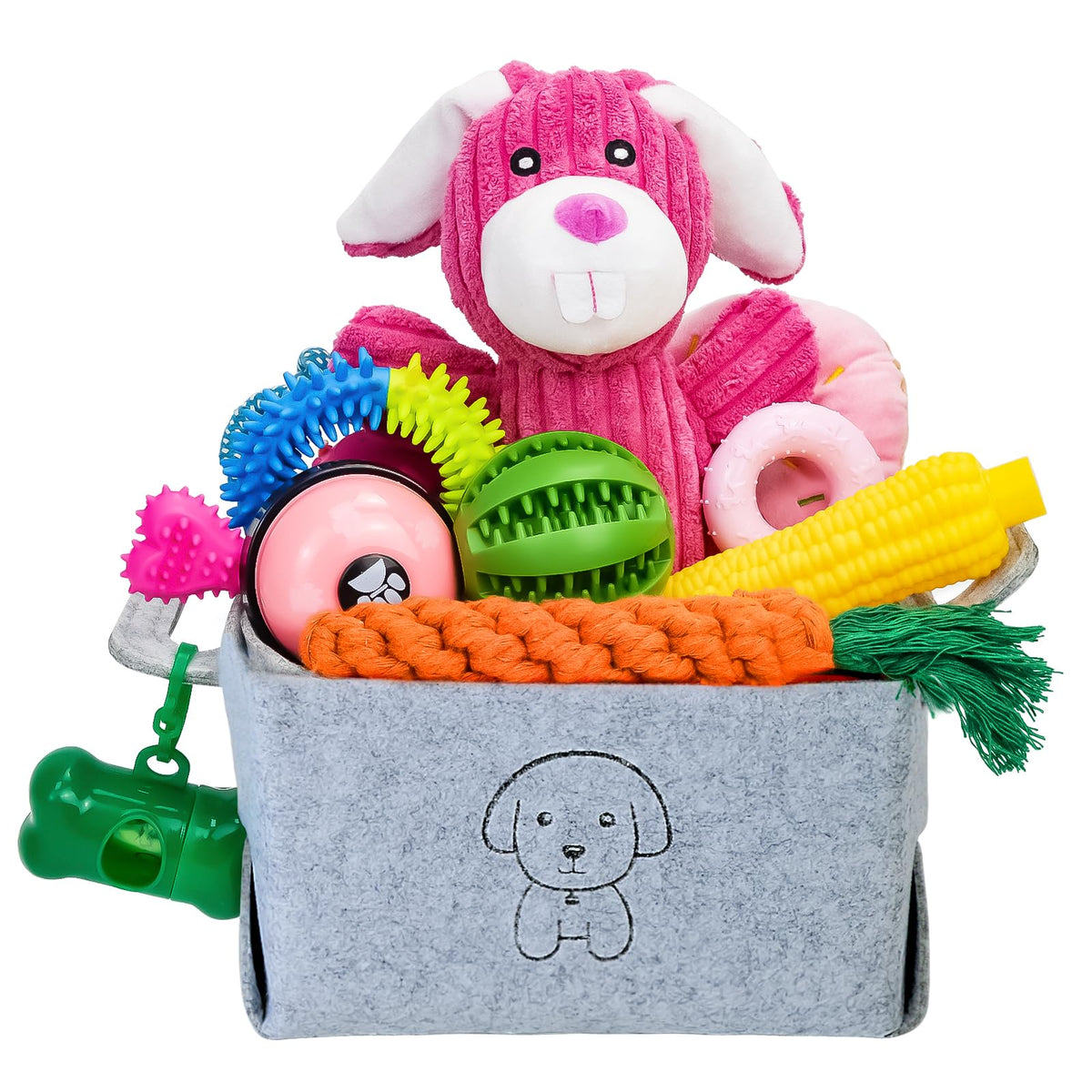 MRSOHRET 20Pcs Puppy Chew Toys for Teething, Dog Chew Toys with Rope Toy, Pet Dog Toothbrush, Treat Balls, Plush Toys and Squeaky Toys for Small Medium Dogs with Basket to Keep Them Busy