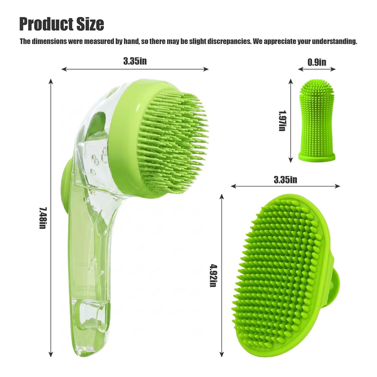 5PC pet grooming bath brush set - silicone massage brush with shampoo dispenser - suitable for dogs and cats for bathing, removing loose hair, and oral cleaning (green)