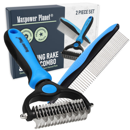 Maxpower Planet Pet Grooming Brush and 2X Grooming Gloves Combo - Double Sided Dematting, Deshedding Undercoat Rake for Dogs and Cats - Reduce Shedding Easily - Blue