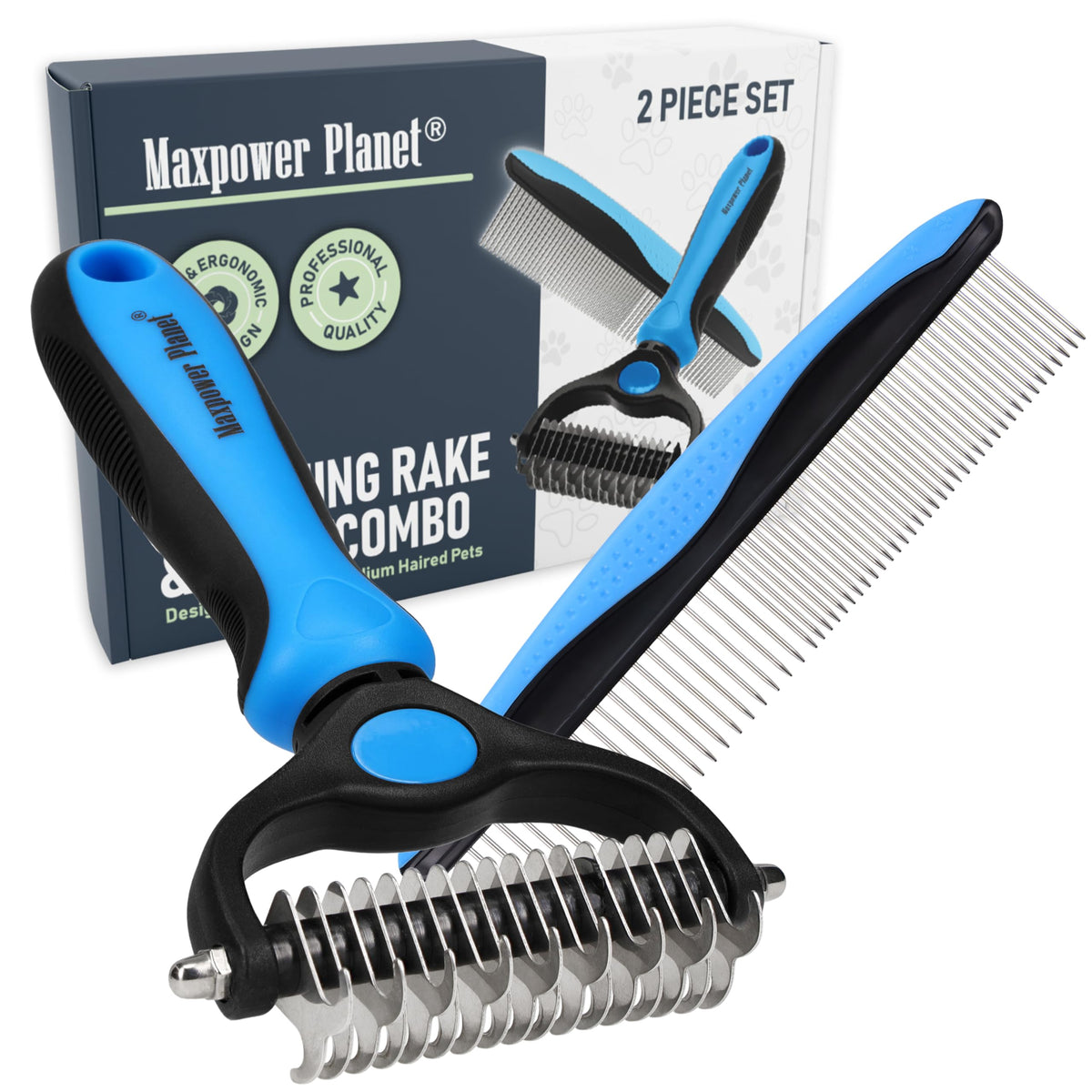 Maxpower Planet Pet Grooming Brush - Double-Sided Undercoat Rake for Dogs and Cats, Extra Wide, Reduces Shedding by 95%, White