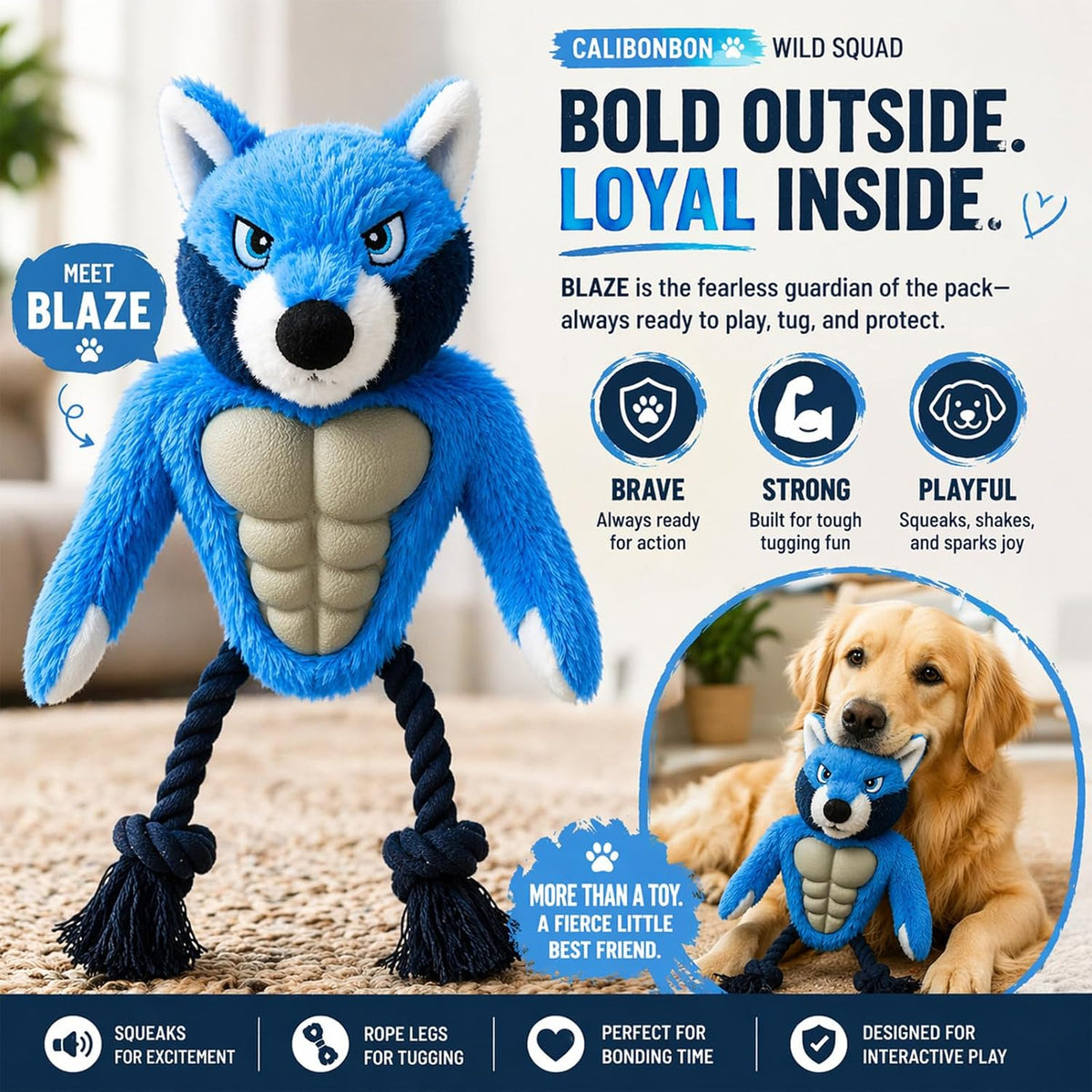 Wolf Dog Toy, Plush Body, Squeaky Rubber Chest & Rope Legs