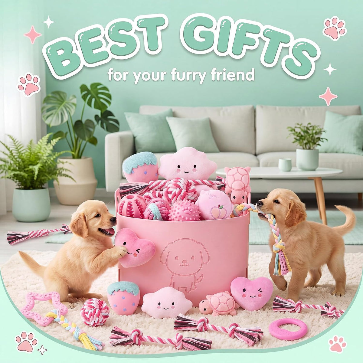 Leitee 20 Pcs Puppy Chew Toys Bundle with Storage Basket, Lovely, Pink