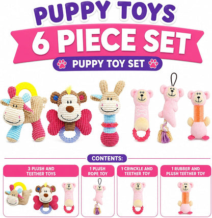Pet Life Puppy Starter Kit - 6-Piece Plush Teething and Crinkle Toys, Pink