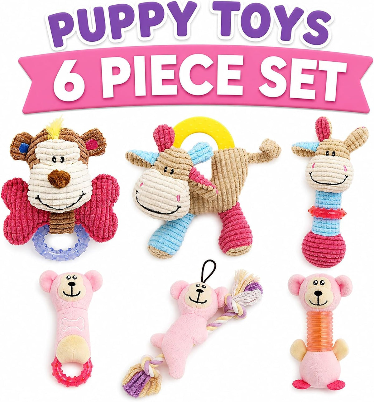 Pet Life Puppy Starter Kit - 6-Piece Plush Teething and Crinkle Toys, Pink