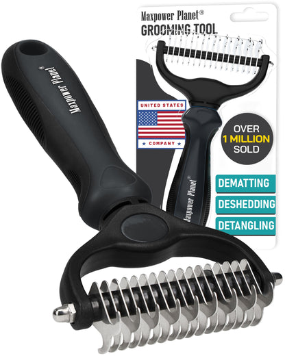 Maxpower Planet Pet Grooming Brush and 2X Grooming Gloves Combo - Double Sided Dematting, Deshedding Undercoat Rake for Dogs and Cats - Reduce Shedding Easily - Blue
