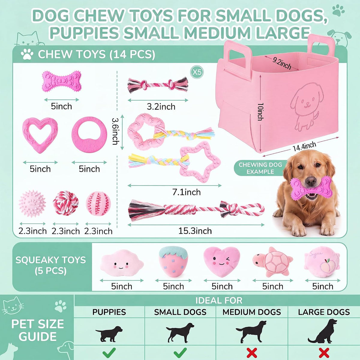 Leitee 20 Pcs Puppy Chew Toys Bundle with Storage Basket, Lovely, Pink