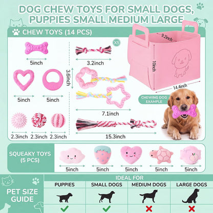 Leitee 20 Pcs Puppy Chew Toys Bundle with Storage Basket, Lovely, Pink